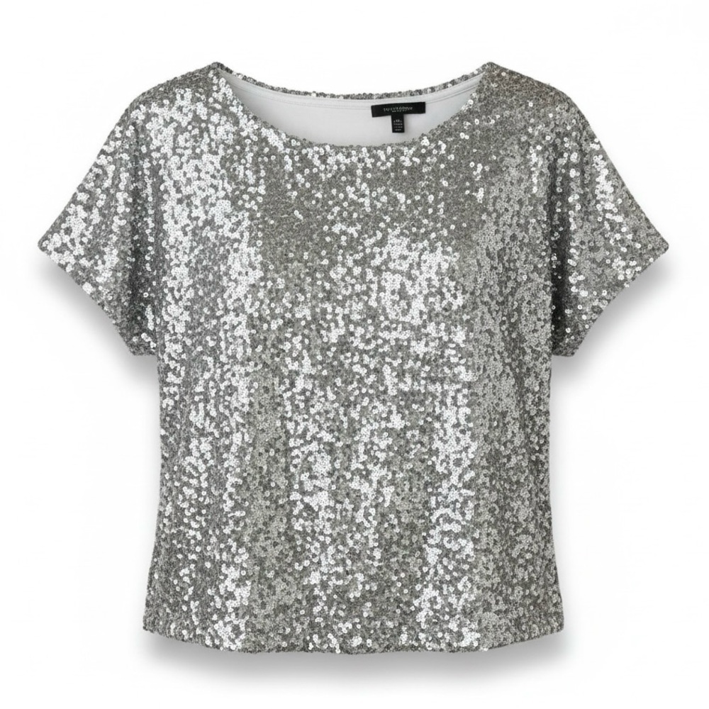4/$20 Xhilaration Silver Sequin Short Sleeve Top Blouse Party Sparkle Small - Picture 2 of 8